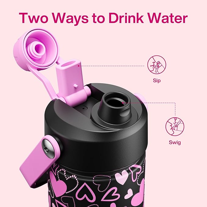 ENCOOL Valentine's Day Insulated Water Bottle with Straw Stainless Steel Water Bottle, Leak-Proof, BPA-Free, Keeps Cold for 24 Hours for Sports, Travel, School (26 oz, Sweet Hearts Violet x Black)
