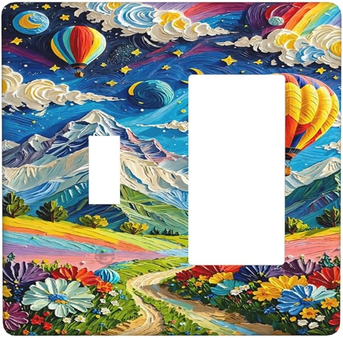 Hot Air Balloons Floral Vibrant Colors Flowers Mountains Stars Moon Outlet Covers 1 Toggle 1 Rocker Combination Electrical Switch Plates Light Switch Cover Plate Decorative Wall Plate for Bedroom