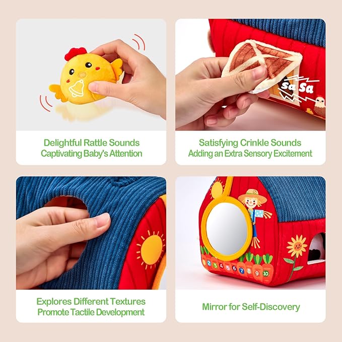 hahaland Baby Toys 6-12 Months - Surprise Barn Stuffed Farm Animals, Rattle, Crinkle, Mirror, Montessori Toys for 6 Month Old Sensory Balls 1-3, Baby Boy Gifts, Farm Plush Toys for Babies Travel Toy
