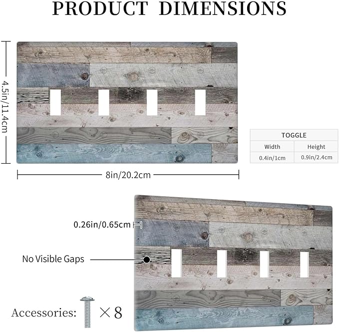 Western Country Kitchen Vintage Old Style 4 Gang Quad Toggle Decorator Outlet Light Switch Cover Barn Door Cabin Teal Blue Wood Plank Wall Plate Electric Faceplate Decorative Switchplate Socket Cover