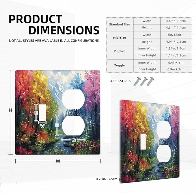 Colorful Forest Snow Mountain River Oil Painting Style Wallplates 1 Toggle 1 Duplex Switch Plate Electrical GFCI Faceplate Decorative Light Switch Covers for Bedroom Living Room Decor