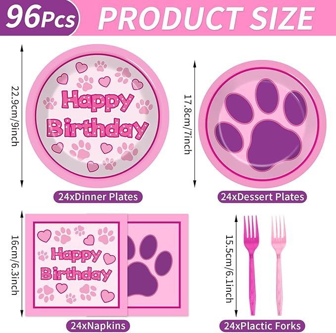 96 Pcs Pink Paw Birthday Party Plates and Napkins Puppy Print Party Decorations Dog Theme Supplies Lets Pawty Paper Dessert Plates Tableware Set for Kids Boy Girl Baby Shower 24 Guests