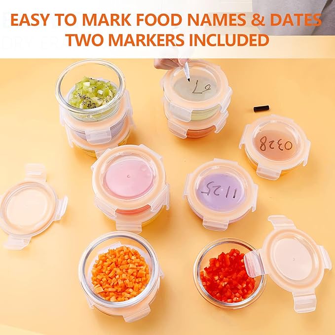 Luvan 7oz Glass Baby Food Containers, 12 Pack with Leakproof Lids, Stackable, Freezer Safe, Baby Bullet Containers for Fruit Purees and Vegetable Mashes