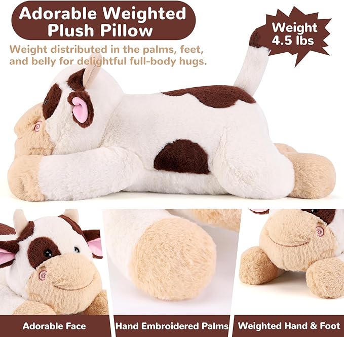 gnomantic Cow Weighted Stuffed Animals - 22 Inch 4.5 Pounds Weighted Plushies Cow Stuffed Animals - Big Plush Pillow - Cute Plush Toys Gifts for Kids & Adults (22" 4.5 lbs Brown)