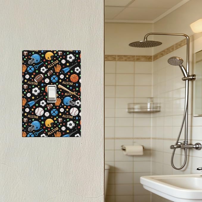 All Star Sports 1-Gang Toggle Light Switch Plate, Multi-Sport Football Baseball Basketball Decorative Wall Plate for Boys & Girls Room