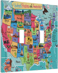 Kids Map of The United States 2 Gang Double Toggle Light Switch Cover Decorative Cartoon Fun Facts Geography USA Map Wall Plate Faceplate Turquoise Red Kids Boys Girls Bathroom Home Living Room Decor