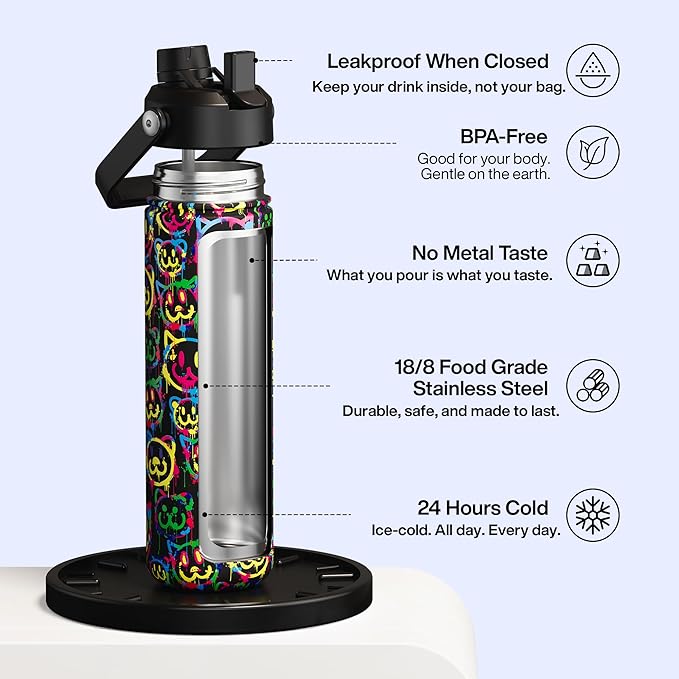 ENCOOL Insulated Water Bottle with Straw Stainless Steel Water Bottle, Leak-Proof, BPA-Free, Double Wall Vacuum Keeps Cold for 24 Hours for Sports, Travel, School (26 oz, Neon Smiley)