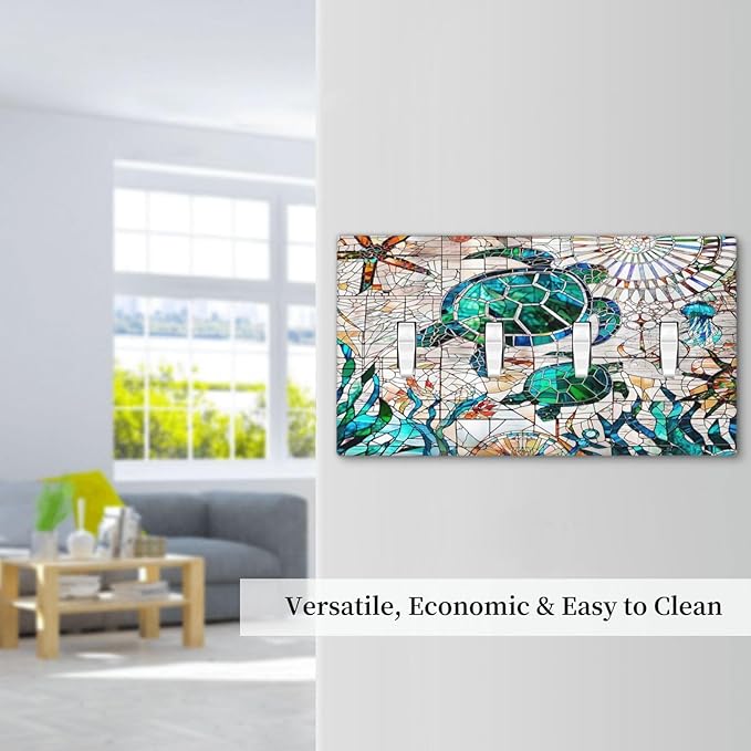Hawaii Nautical Beach Decorative 4-Gang Quad Toggle Light Switch Wall Plate Cover, Sea Green/Blue Ocean Turtle Mosaic Ceramics Quadruple Toggle Device Switches Wall Plate Outlet Covers Standard Size