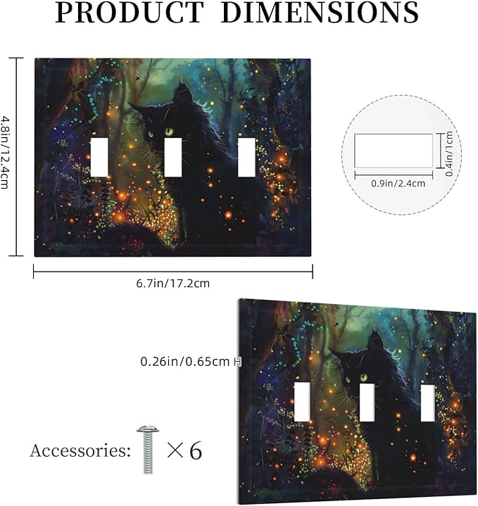 Light Switch Cover Plate Magic Fantasy Forest Mysterious Black Cat 3 Gang Triple Toggle Decorative Switch Plates Wall Plates Electrical Switchplate Faceplate for Kid Room Bathroom Decor