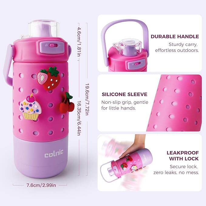 Kids Water Bottle for School 12 oz,Kids Vacuum Insulated Stainless Steel Water Bottles,Toddler Boy Water Bottle for School with Leak Proof Locking Lid(Jelly Pink)