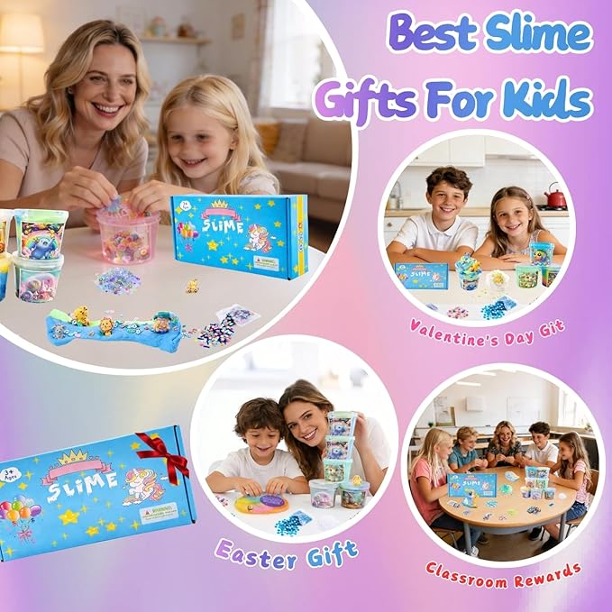 Slime 7 Pack for Kids,Cloud Slime kit Super Soft and Non-Sticky,Stress Relief Blue Clear Slime Set Toy for Christmas Day,DIY Butter Slime Party Favor for Birthday Valentine's Day Easter Gift