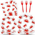 Qyeahkj 100 Pcs Crab Party Decoration Set - Paper Plate Napkin Fork Set for Summer Crab Dinnerware Tableware Supplies - Serves 25