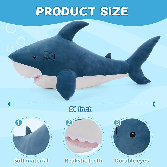 MorisMos 51inch Giant Shark Stuffed Animal, Large Shark Plush Toy Pillow Gift for Kids, Girlfriend, Blue