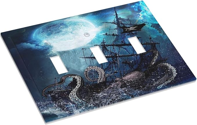 Starry Moon Night Ocean Nautical Octopus 3 Gang Light Switch Plates Decorative Triple Toggle Wall Plate Monster Pirate Ship Outlet Cover Electrical Faceplate Boy Man Room Cool Decorate