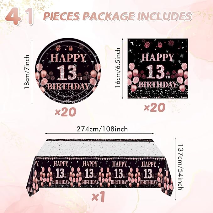 Ryzovo 41Pcs 13th Birthday Decorations for Girls Rose Gold Happy 13 Birth Party Supplies for Her Including Tablecloth,Plates,Napkins, 13 Year Old Girl Birthday Tableware for Sweet Teenager Party