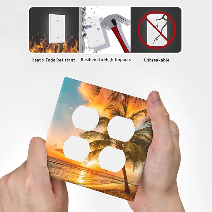 Decorative Outlet Covers Tropical Beach Ocean Palm Trees Hawaiian Sunset 2 Gang Wall Plate Double Duplex Light Switch Cover Switch Plate Covers Faceplate for Bedroom Home Decor