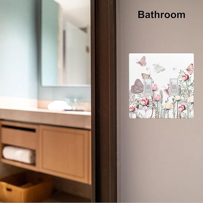 Wildflower Butterfly 2-Gang Double Toggle Switch Plate, Pink Floral Vintage Wall Plate for Home, Bedroom, Sunroom & Bathroom
