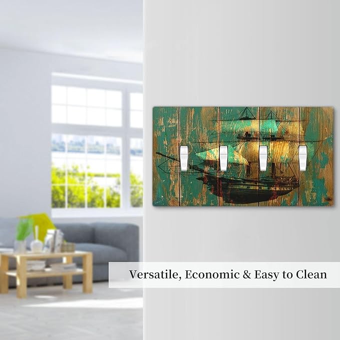 Light Switch Covers Rustic Green Wood Grain Sailboat Quad Toggle 4 Gang Wall Plate Electrical Faceplate Decorative Switch Plates for Farmhouse Bedroom Decor