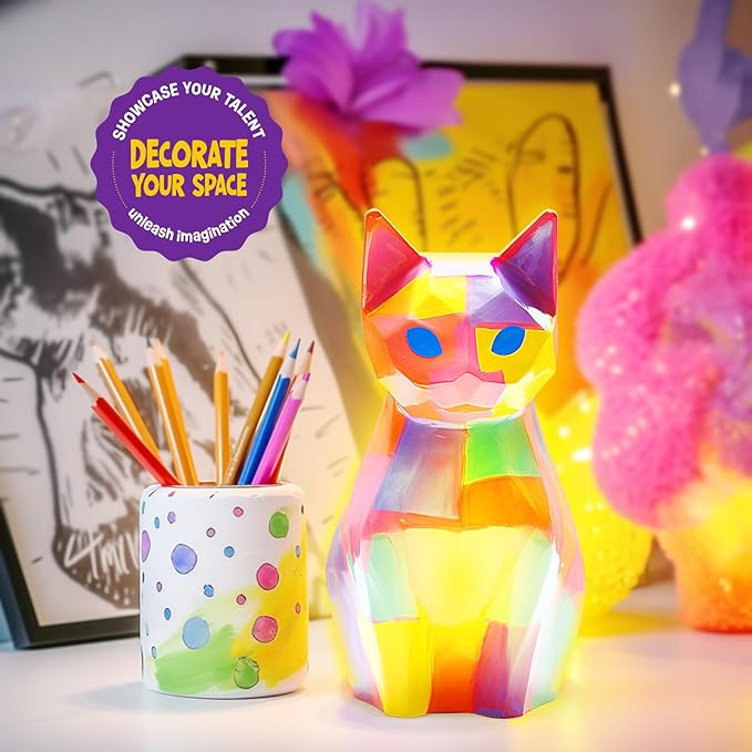 LAOESE Paint Your Own Cat Lamp Kit, Arts and Crafts for Kids Ages 8-12, Art Supplies Painting kit for Kids 6-12, Cat Night Light Toys Girls Boy Birthday Gifts for Kids Ages 3 4 5 6 7 8 9 10 11 12+
