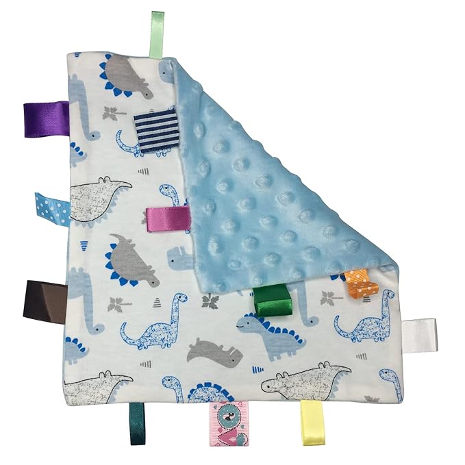 Lovey Dinosaur Security Blanket for Baby - Soft Plush Sensory Toy Comfort Appease Towel with Minky Dot Fabric - Small Taggy Blanket, No Crinkle Paper - Light Blue