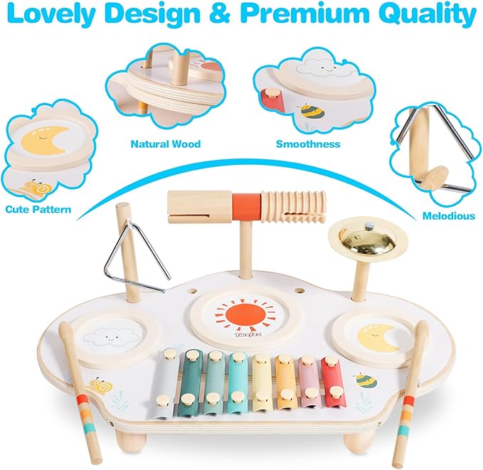 Twefex Kids Drum Set - 9 in 1 Baby Drum Set for Toddlers - Montessori Musical Instruments Toy for Babies - Wooden Xylophone Musical Toys for Boys and Girls