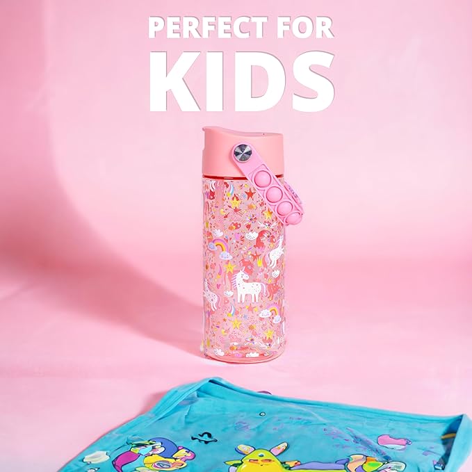 Elemental Water Bottles for Kids - Splash Kids Water Bottle for School with Pop-it Handle - BPA Free Tritan Plastic Water Bottle with Straw Leak Proof when Spout is Closed - Pink Unicorn - 18oz