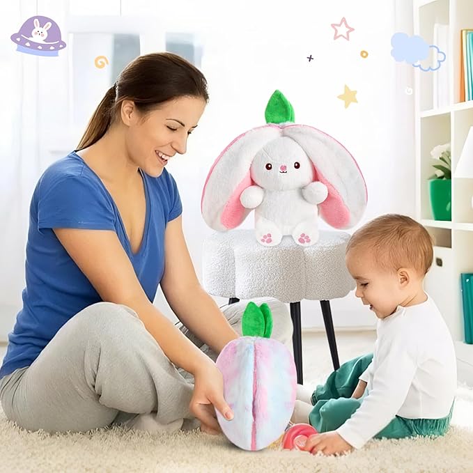 MIAODAM Strawberry Bunny Stuffed Animal, Cute Reversible Plush Strawberry to Rabbit Doll, Funny Bunny Toy for Babies and Children (7 Inch)