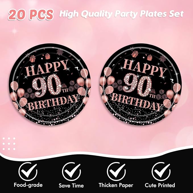 41Pcs 90th Birthday Decorations for Women, Vintage 90 Birthday Black and Rose Gold Disposable Paper Plates and Napkins Party Supplies for 20 Guests, 41Pcs Include 7" Plates Napkins and Tablecloth
