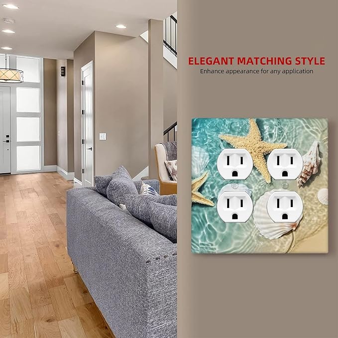 Outlet Covers Beach Starfish Ocean Conch Cameo Shell 2 Gang Double Duplex Decorative Light Switch Covers Electrical Wallplates Socket Faceplate For Decor Kids Room Decor