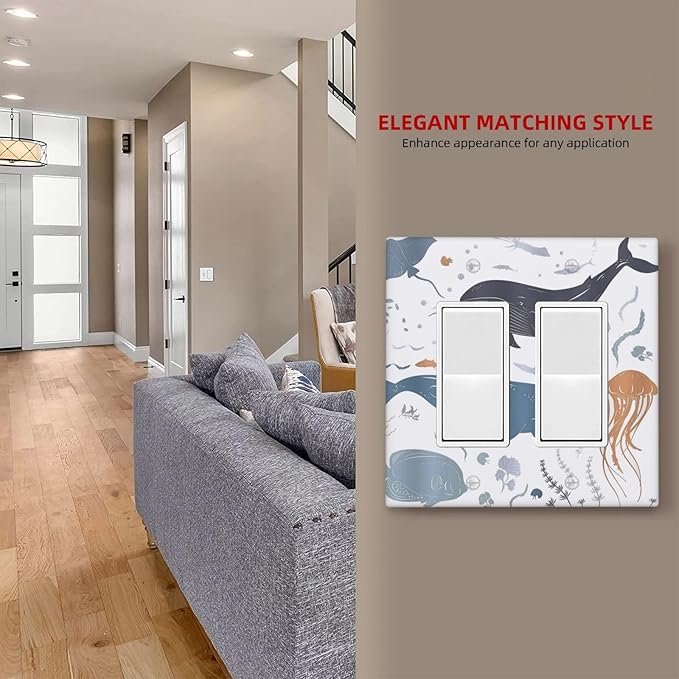 Kids Sea Animal Decorative Double Rocker Light Switch Cover 2 Gang Outlet Wall Plate Decorative GFCI Switchplate Electrical Faceplate for Nursery Kidsroom Bedroom Decor