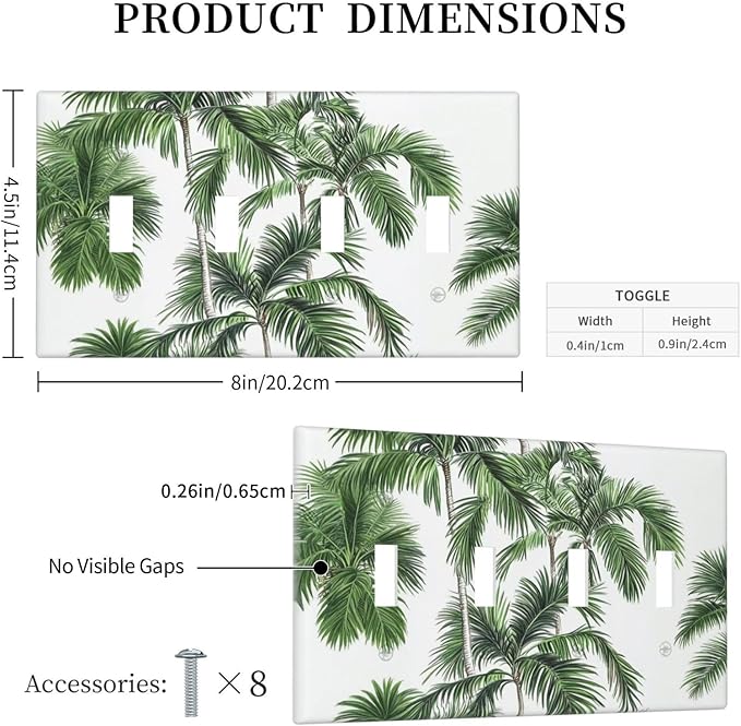 Light Switch Covers Palm Trees Tropical Green Plant Palm Leaf Quad Toggle Electrical Faceplate 4 Gang Wall Plate Decorative Switch Plates For Bed Room Bathroom Decor