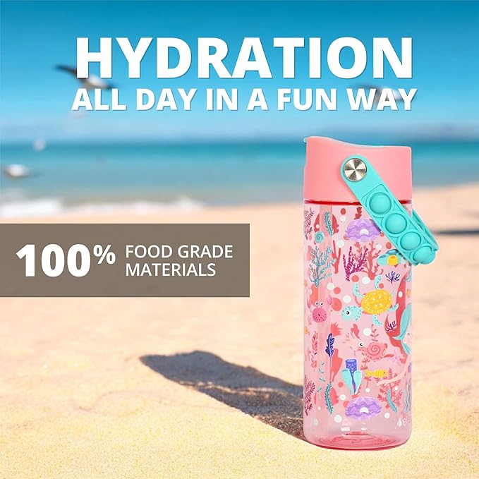 Elemental Water Bottles for Kids - Splash Kids Water Bottle for School with Pop-it Handle - BPA Free Tritan Plastic Water Bottle with Straw Leak Proof when Spout is Closed - Mermaid Rose - 18oz