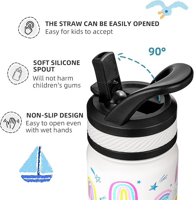 Fanhaw 14 Oz Kids Insulated Water Bottle with Straw - Stainless Steel Double Wall Vacuum Cup, Leakproof, BPA Free, Suitable for Boys and Girls(White - Rainbow Dream)