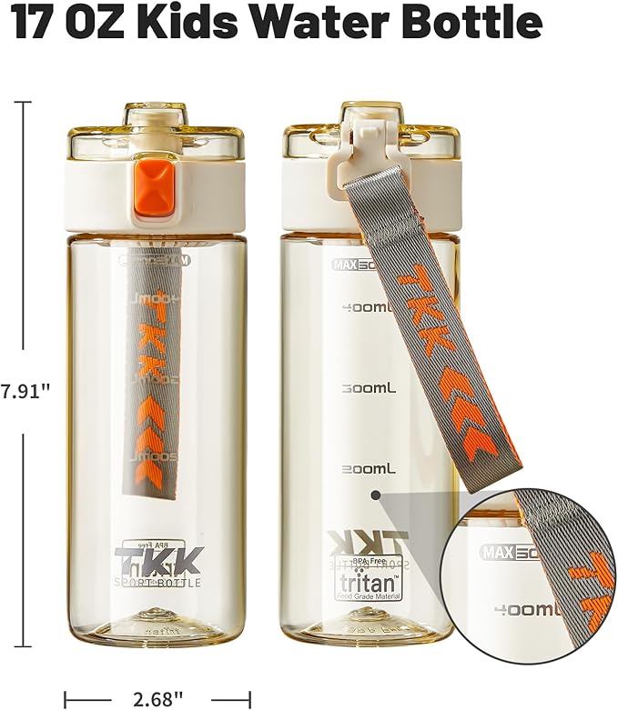 TKK Sports Water Bottle, 17oz Tritan Kid Jug with Leak Proof Lid & Handle Strap & Built-In Infuser - BPA-Free, Easy-Clean Design for Gym, Office & Outdoor Travel, White