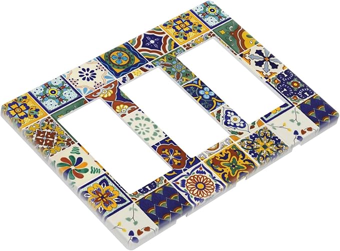Yellow/Blue Mexican Tile Decorative Rocker GFCI Light Switch Cover 3-Gang Electrical Triple Decorator Wall Plate Kitchen Boho Mandala Floral Moroccan Tiles Switches Faceplate Cover Dimmer Screwless