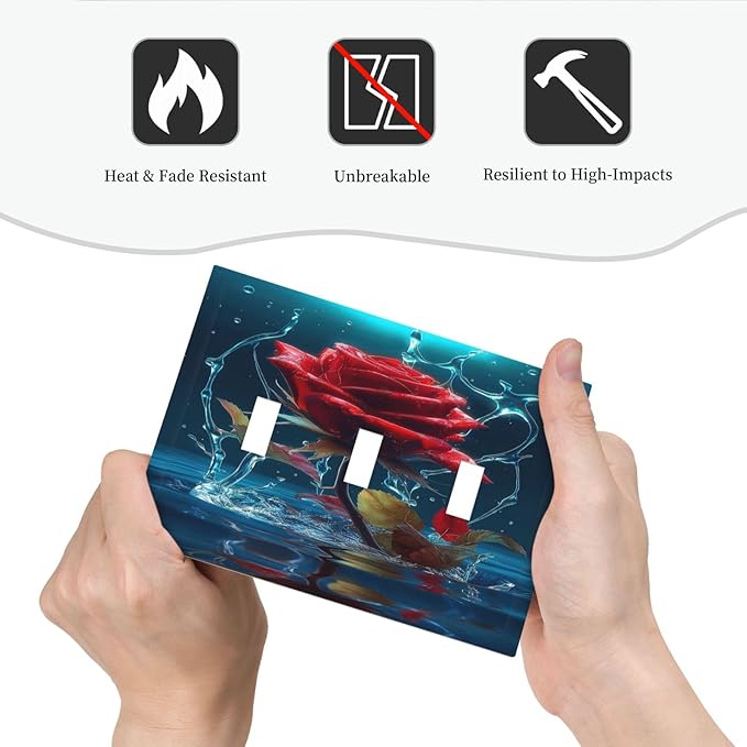 Red Rose Blue Water Drips 3 Gang Light Switch Plate Decorative Triple Toggle Wall Plate Cover Electrical Faceplate Switchcover for Kidroom Bathroom Home Bedroom Art Panel Decor