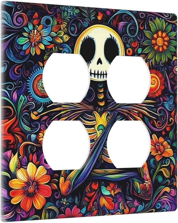 Outlet Covers Colorful Flowers Abstract Skull 2 Gang Double Duplex Decorative Light Switch Covers Electrical Wallplates Socket Faceplate For Home Living Room Decor