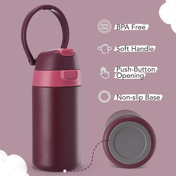 12 oz Water Bottle Insulated, 304 Stainless Steel Insulated Kids Water Bottle with Straw, 2-in-1 Lid Toddler Cups for School Boys Girls, BPA-Free, Leak-Proof, Great for Sport, Travel, Gift, Red