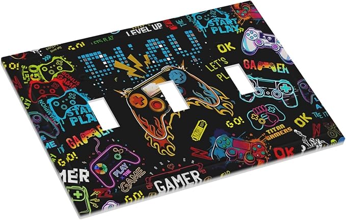 Gamer Video Game Themed Cool Controller Print Decorative Switch Plates 3 Gang Wall Plate Triple Toggle Light Switch Cover Faceplate Electrical Wall Panels for Kids Room Office Decor
