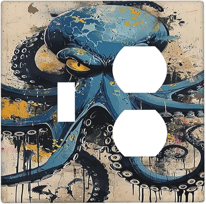 Wallplates Nautical Vintage Blue Octopus Yellow Eyes Oil Watercolor 1 Toggle 1 Duplex Switch Plate Electrical GFCI Faceplate Decorative Light Switch Covers for Kids room Nursery Decor