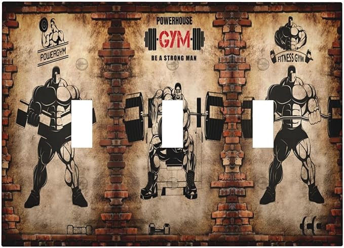 Vintage Gym Retro Brick Dumbbell Triple Toggle Wall Plates 3 Gang Light Switch Cover Decorative Electrical Switchplate Faceplate Dimmer for Bedroom Kidroom Bathroom Gyms Decor