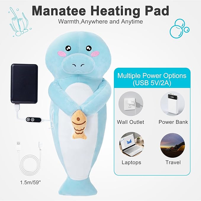 Manatee Heating Pad Plush, Cute Heating Pad for Period Cramps, USB Powered Electric Heated Stuffed Animal Toy for Pain Relief, Soft Portable Gift for Mother Women Kids, Easter Gifts, Blue
