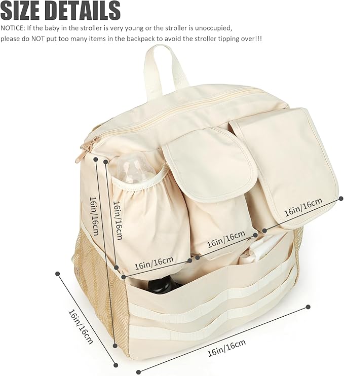 2-in-1 Stroller Organizer Baby Diaper Bag Backpack,Insulated Bottle Holder,Wipes and Phone Pocket,Shoulder Strap Toddler Travel Essential Storage Universal Stroller Accessory (Beige)