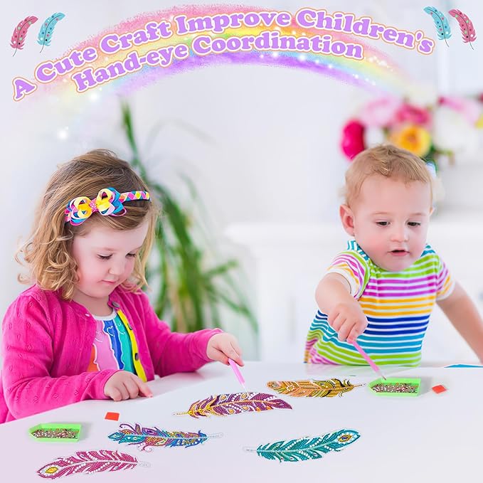 YiConfety Diamond Painting Kits, Kids Diamond Art Gift, Gem Art Kits for Girls Birthday, Arts and Crafts for Kids Ages 6 8 10 (Feather)