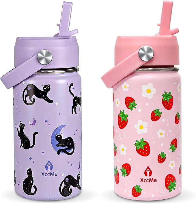 2Pack Truck Kids Water Bottle With Straw Lid,14oz Insulated Double Wall Leak Proof & BPA-Free Kids Water Bottle,Stainless Steel Tumbler for Toddlers,Metal Bottle for School Boys Girls