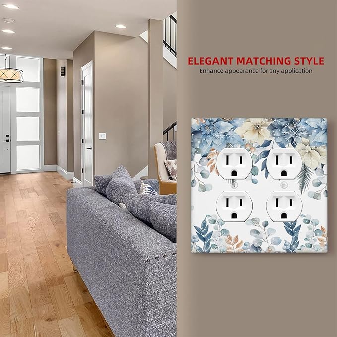 Blue Vine Snowflake Plants Leaves Floral Flowers Outlet Covers 2 Gang Double Duplex Decorative Light Switch Covers Electrical Wallplates Socket Faceplate for Bedroom Living Room Decor