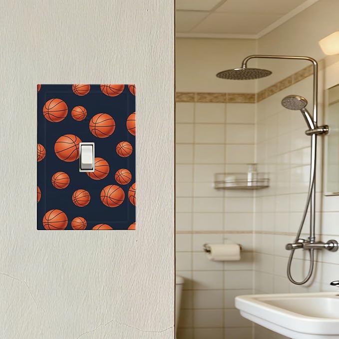 Basketball 1-Gang Toggle Light Switch Plate, Sports Design Navy Blue Vintage Basketball Decorative Wall Plate for Boys Room