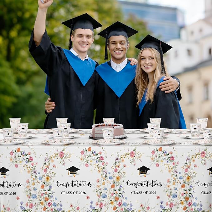 MEHOFOND 169pcs Wildflower Graduation Disposable Plates Napkins Cups Tablecloth Set Floral Congrats Grad Disposable Tableware Set for 24 for Class of 2026 Graduation Decorations