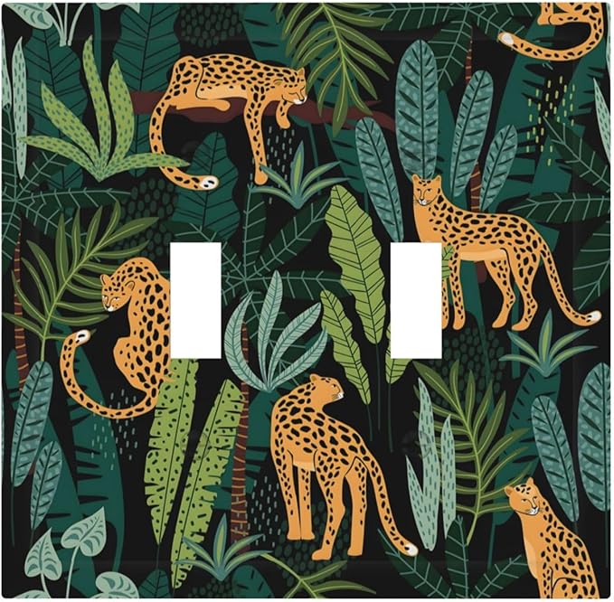 Jungle Cheetah Tropical Wildlife Leopard Green Palm Leaf Decorative Switch Plates 2 Gang Double Toggle Outlet Light Switch Cover Wall Plate Electrical Faceplate for Farmhouse Home Decor