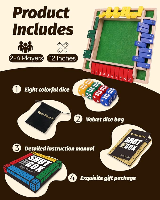 12" Upgraded Shut The Box Game, Math Dice Board Game for Family Night Classroom Travel, Wooden Table for Group Kid Adult Senior, Travel Party Bar, Easy Quick and Fun, 2-4 Players